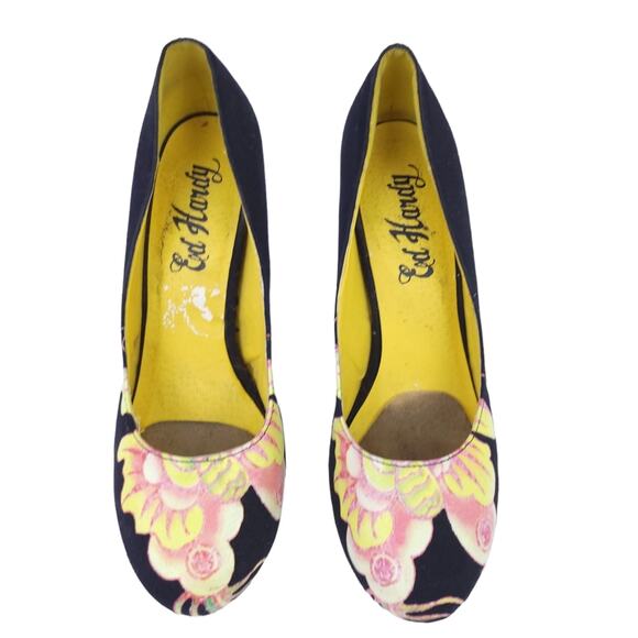 ED HARDY HEEL SZ 8 BLACK PINUP ROCKABILLY STILETTO AMMA PINK YELLOW TATTOO ART - Picture 2 of 7